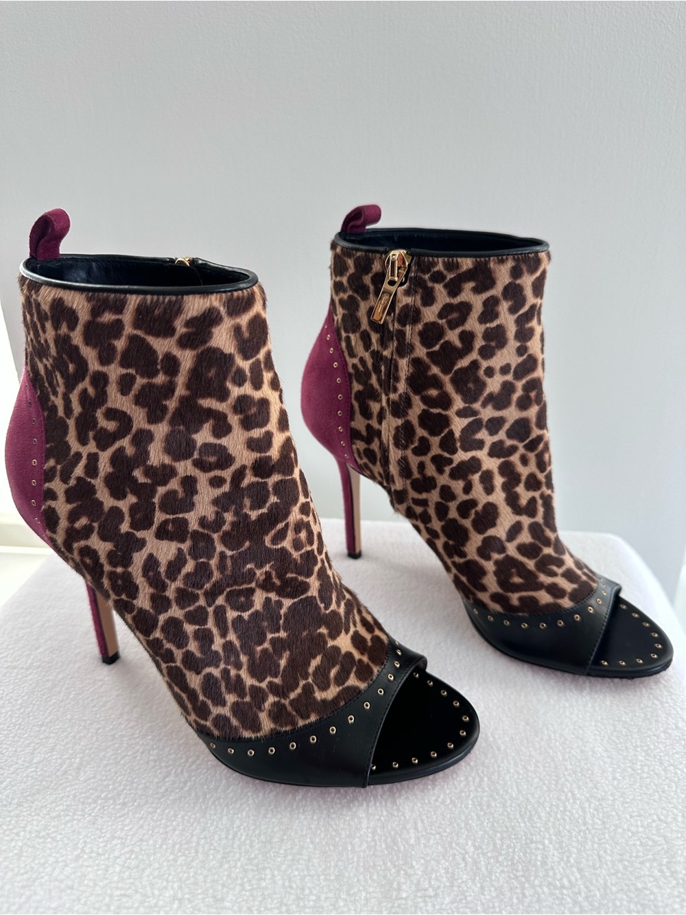 Salvatore Ferragamo Leopard Print Peep-Toe Ankle Booties with Magenta Heel